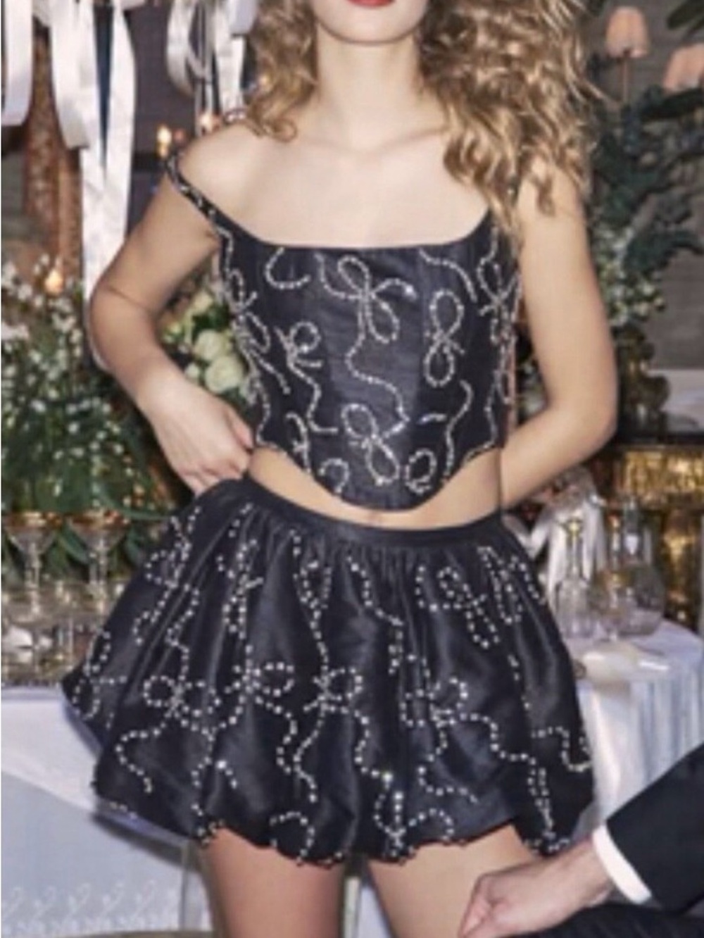 NWT LoveShackFancy Glorianna Black Embellished Satin Crop Top sz8